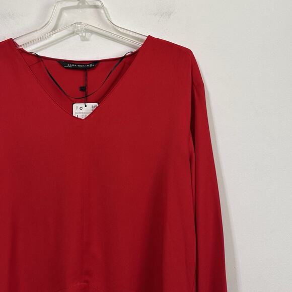 Zara Woman Popover Top L Red V Neck Hi Low Hem Long Sleeve Party Work Shirt NEW - Picture 3 of 9